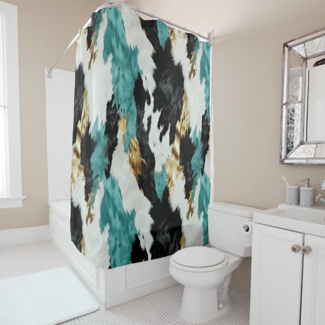 Turquoise Green Gold Black White Cowhide Shower Curtain (In Situ)