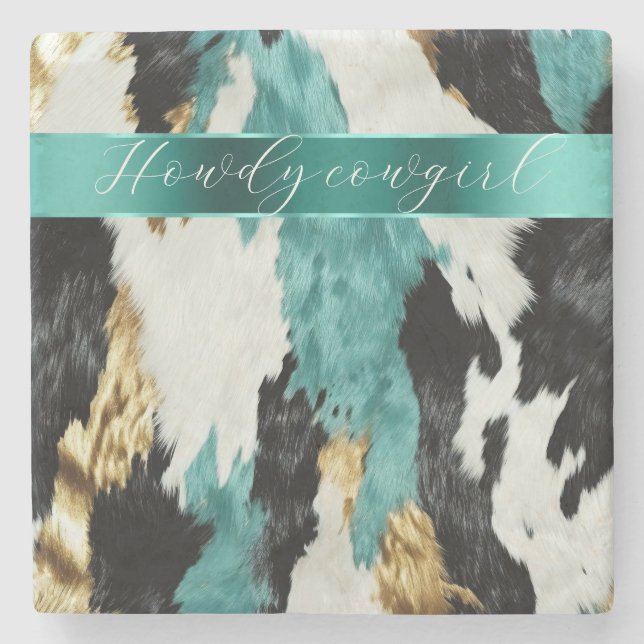 Turquoise Green Gold Black White Cowhide Stone Coaster (Front)