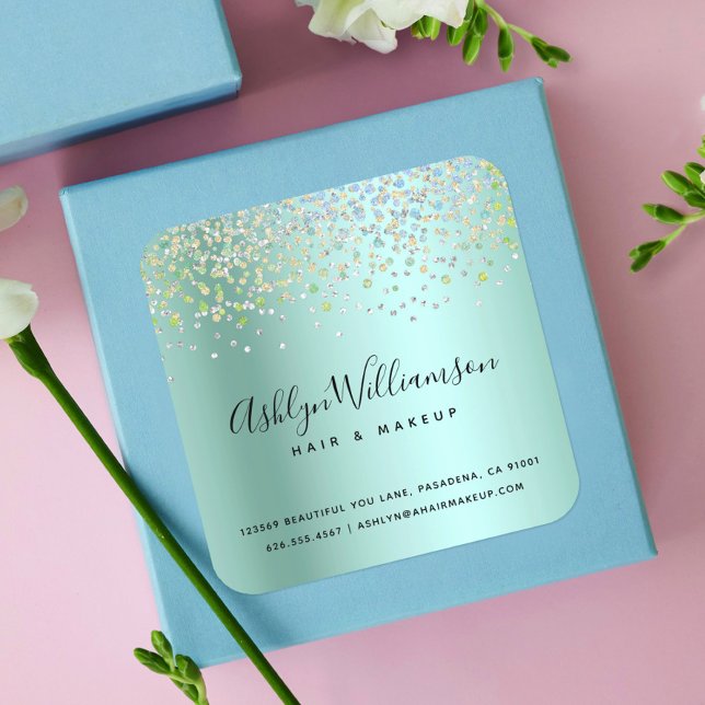 Turquoise green hair salon makeup artist modern square sticker (Creator Uploaded)