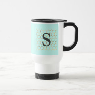 Turquoise Green Hexagon Monogram Travel Mug