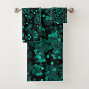 Turquoise green polka dot pattern on black bath towel set