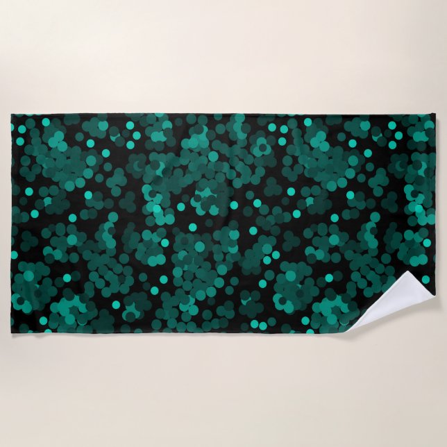 Turquoise green polka dot pattern on black beach towel (Front)