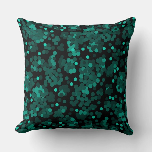 Turquoise green polka dot pattern on black cushion (Front)