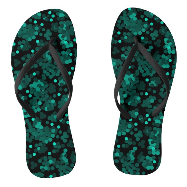 Turquoise green polka dot pattern on black jandals (Footbed)