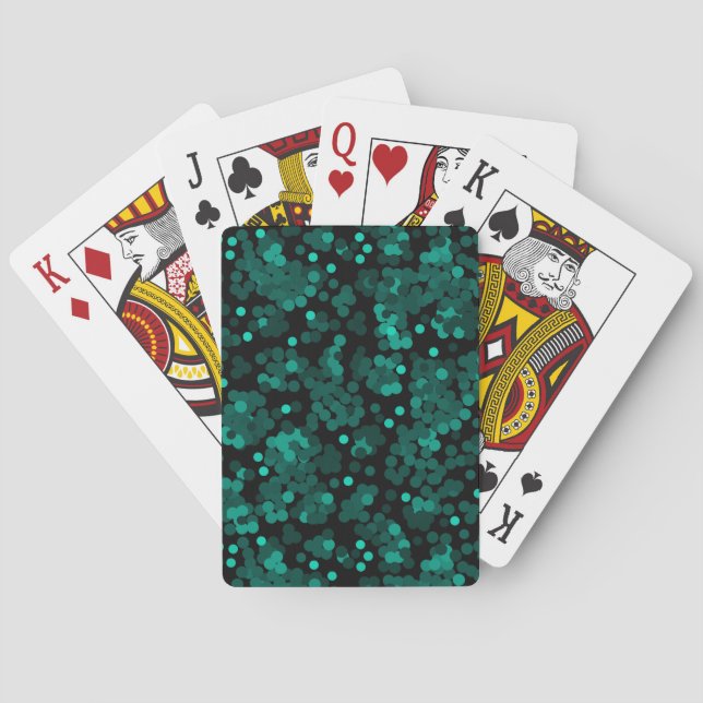Turquoise green polka dot pattern on black playing cards (Back)