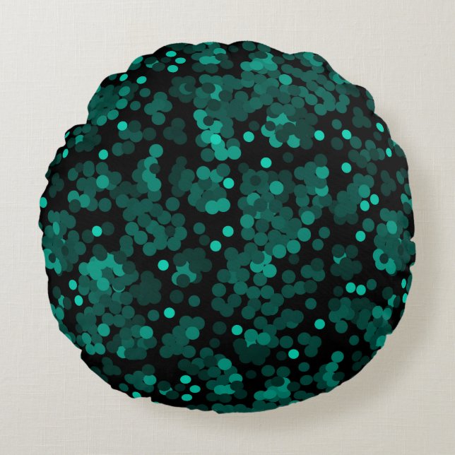 Turquoise green polka dot pattern on black round cushion (Front)