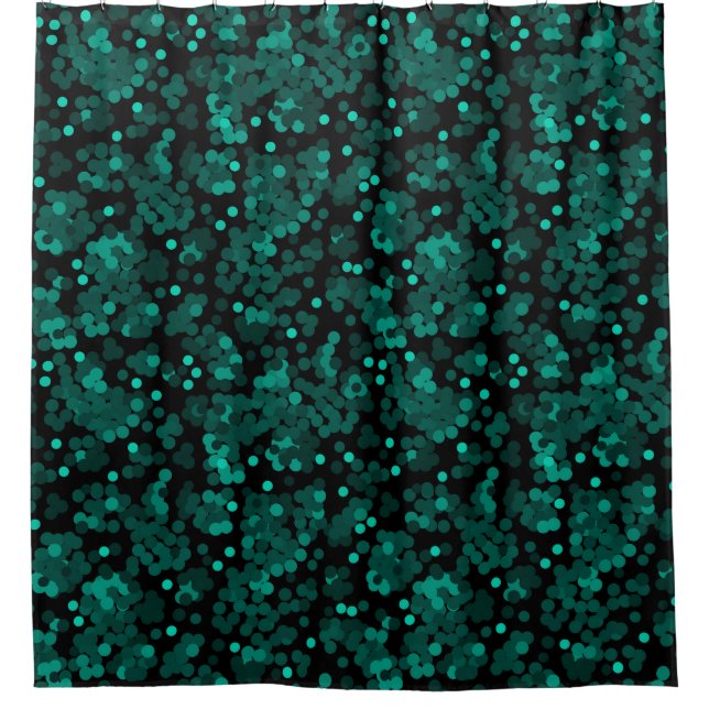 Turquoise green polka dot pattern on black shower curtain (Front)