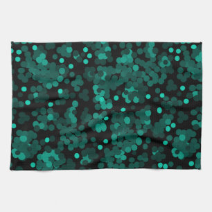 Turquoise green polka dot pattern on black tea towel