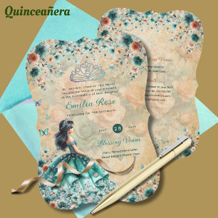 Turquoise Green Quinceanera Dress Floral Butterfly Invitation