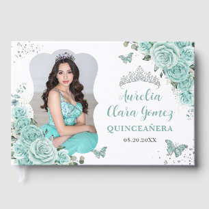 Turquoise Green Roses Floral QUINCEAÑERA 16 Photo Guest Book