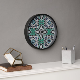 Turquoise Green Teal Blue Hip Bohemian Bali Art Clock