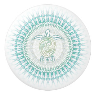 Turquoise Green Turtle And Mandala Nautical Ceramic Knob