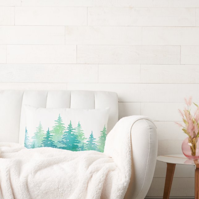 Turquoise Green Watercolor Evergreen Trees Lumbar Cushion (Couch)