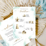 Turquoise, Green Wedding Welcome and Timeline Card<br><div class="desc">Welcome your guests with this gorgeous card with elegant timeline on the front and welcoming message on the back. Timeline with watercolor icons in beautiful golden hues. Both front and back with delicate watercolor stains in dusty blue, turquoise, aqua and soft green tones with gold speckles. Modern hand written calligraphy...</div>