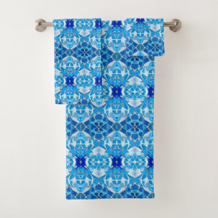 Turquoise, Grey and Cobalt Blue Tile Pattern Bath Towel Set