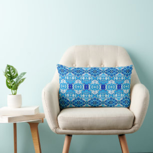 Turquoise, Grey and Cobalt Blue Tile Pattern Lumbar Cushion