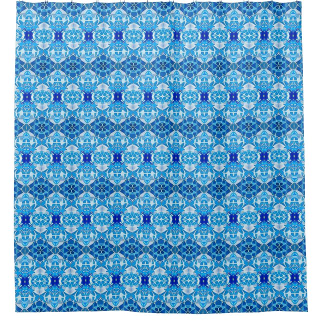 Turquoise, Grey and Cobalt Blue Tile Pattern Shower Curtain (Front)
