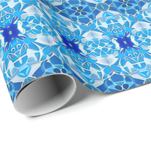 Turquoise, Grey and Cobalt Blue Tile Pattern Wrapping Paper