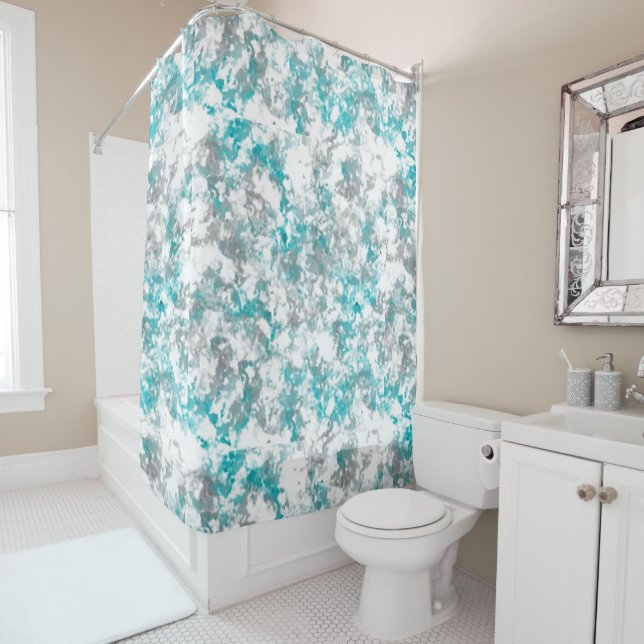 Turquoise grey and white abstract shower curtain (In Situ)