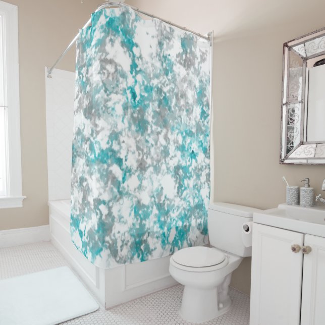 Turquoise grey and white marble texture shower curtain (In Situ)