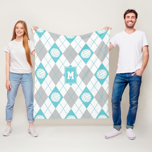turquoise grey argyle plaid volleyball monogrammed fleece blanket (In Situ)
