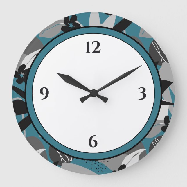 Turquoise Grey Black & White Modern Floral Border Large Clock (Front)