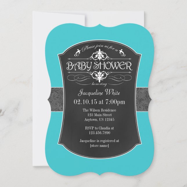 Turquoise Grey Chalkboard Baby Shower Invitation (Front)