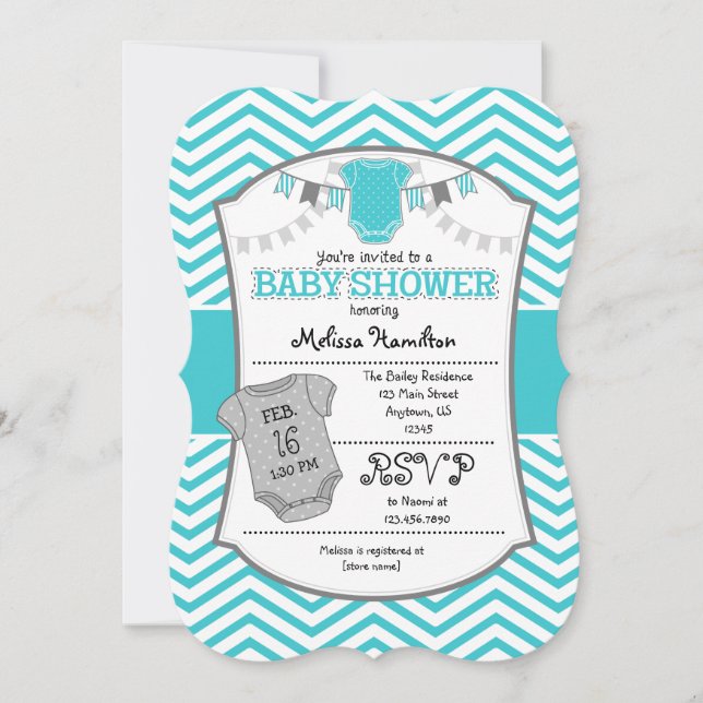 Turquoise Grey Chevron Baby Shower Invitation (Front)