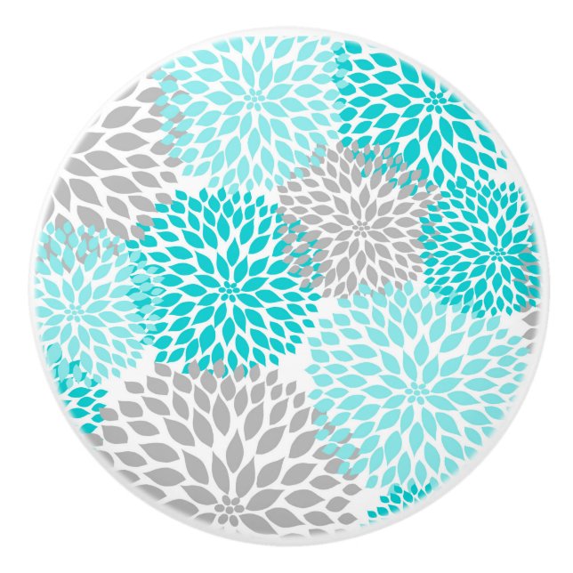 Turquoise Grey Dahlias floral blossoms flowers Ceramic Knob (Front)