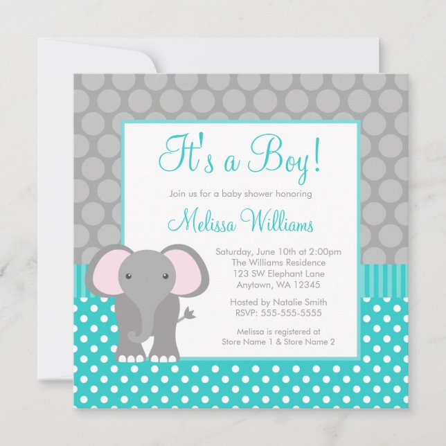 Turquoise Grey Elephant Polka Dot Boy Baby Shower Invitation (Front)