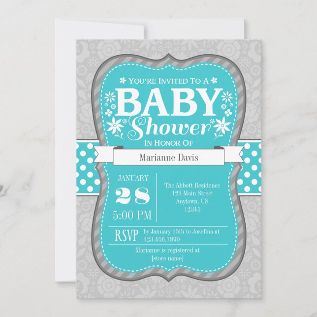Turquoise Grey Floral Flower Baby Shower Invites (Front)