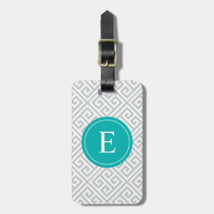Turquoise & Grey Greek Key Luggage Tag