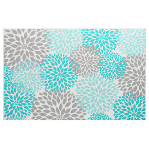 Turquoise Grey Modern Dahlia floral print Fabric