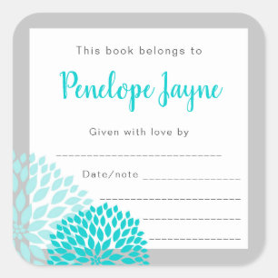 Turquoise Grey Mums baby shower bookplate Square Sticker