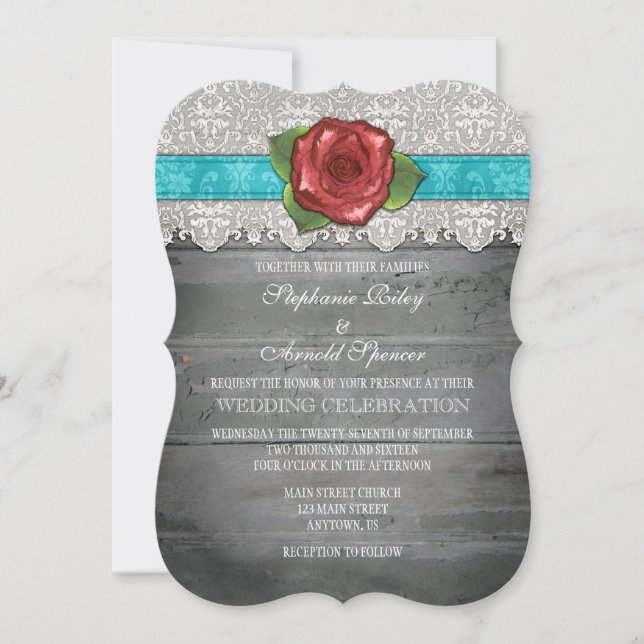 Turquoise Grey Rustic Wood Rose Wedding Invite (Front)
