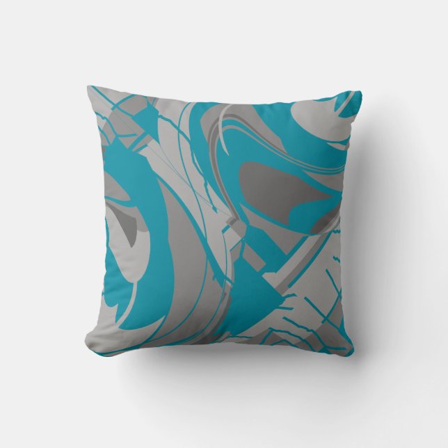 Turquoise Grey Shades Charcoal Swirling Shapes Cushion (Front)