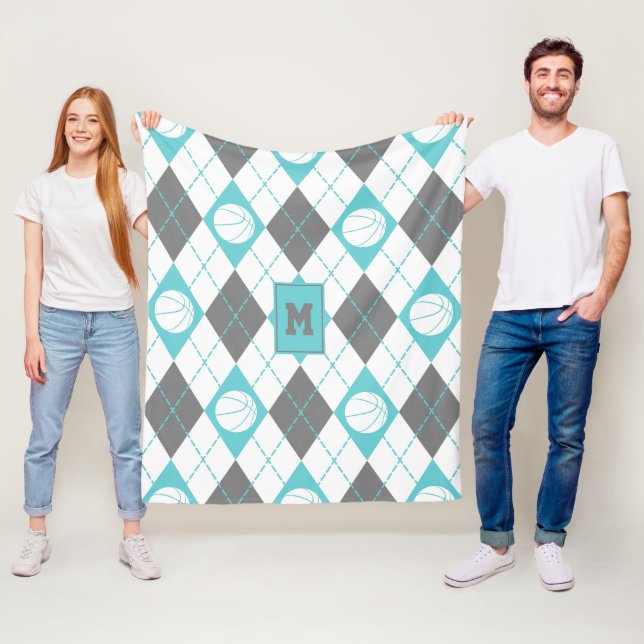 turquoise grey white basketball themed argyle fleece blanket (In Situ)