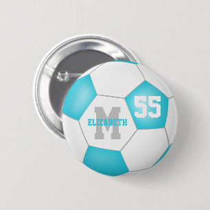 turquoise grey white girls soccer personalised 6 cm round badge