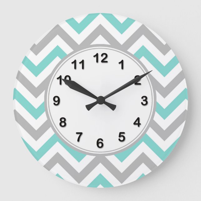 Turquoise, Grey, Wht Large Chevron ZigZag Pattern Clock (Front)