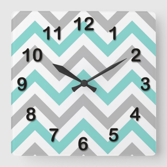 Turquoise, Grey, Wht Large Chevron ZigZag Pattern Square Wall Clock (Front)