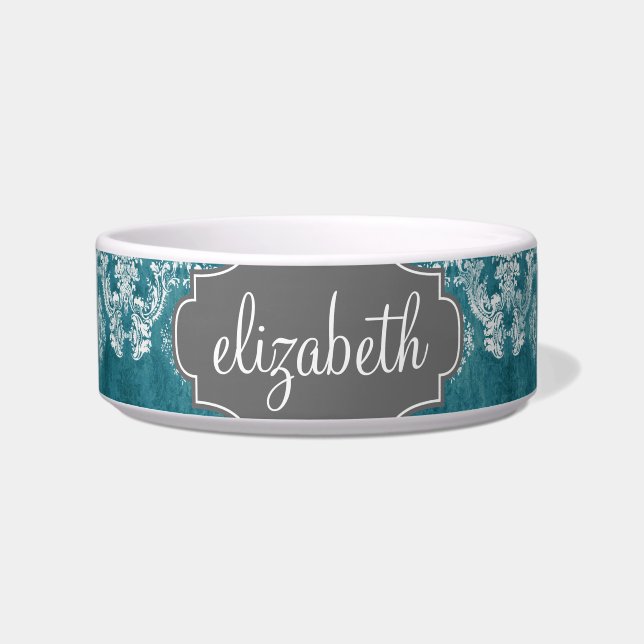 Turquoise Grungy Damask Pattern Custom Text Bowl (Front)
