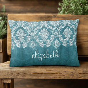 Turquoise Grungy Damask Pattern Custom Text Decorative Cushion