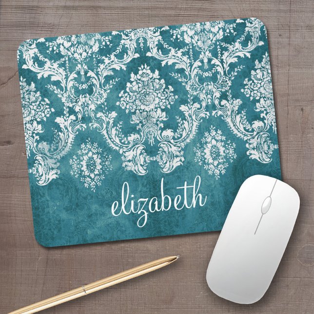 Turquoise Grungy Damask Pattern Custom Text Mouse Pad (Personalized mouse pad with your name)