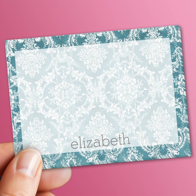 Turquoise Grungy Damask Pattern Custom Text Post-it Notes (Custom Post It Note Pad)