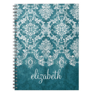 Turquoise Grungy Damask Pattern Custom Text Spiral Notebook