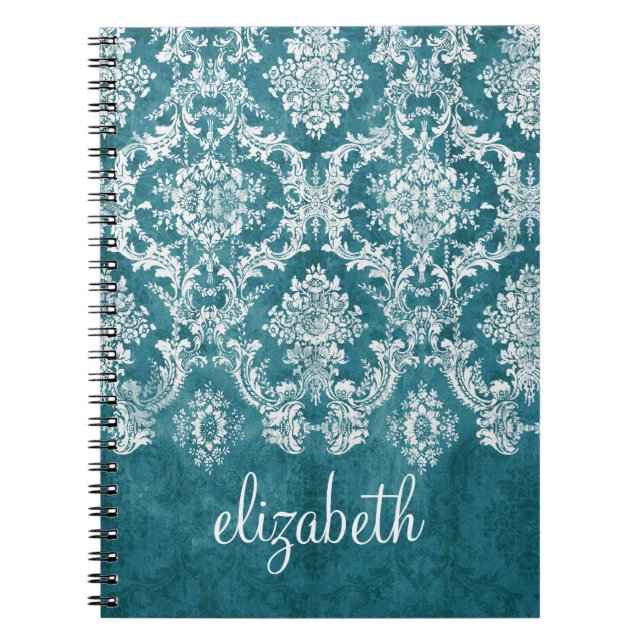 Turquoise Grungy Damask Pattern Custom Text Spiral Notebook (Front)