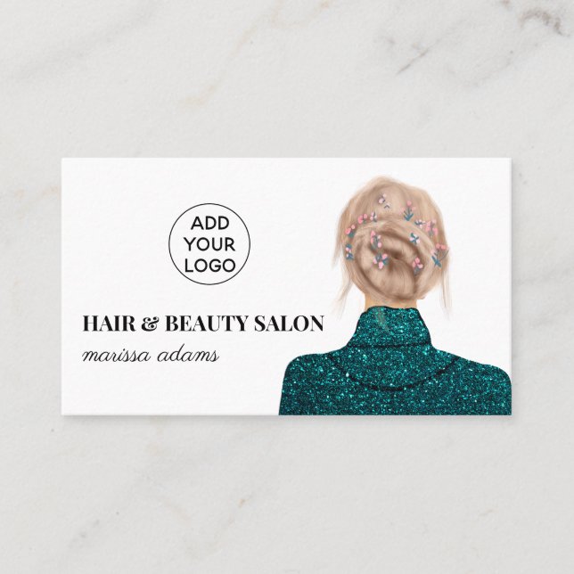 Turquoise hair beauty salon fashion illustration business card (Front)