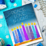Turquoise Hanukkah Candles Peace Love Light Modern Fleece Blanket<br><div class="desc">“Peace, love & light.” A playful, modern, artsy illustration of boho pattern candles in a menorah helps you usher in the holiday of Hanukkah. Assorted blue candles with colourful faux foil patterns overlay a turquoise gradient to white textured background. Feel the warmth and joy of the holiday season whenever you...</div>
