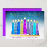 Turquoise Hanukkah Candles Peace Love Real Gold<br><div class="desc">“Peace, love & light.” A playful, modern, artsy illustration of boho pattern candles in a menorah helps you usher in the holiday of Hanukkah. Assorted blue candles with colourful real gold foil patterns, real gold foil flames and menorah, overlay a turquoise gradient to white textured background. Faux hot pink purple...</div>