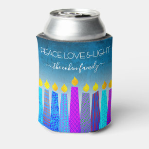 Turquoise Hanukkah Menorah Candle Peace Love Light Can Cooler